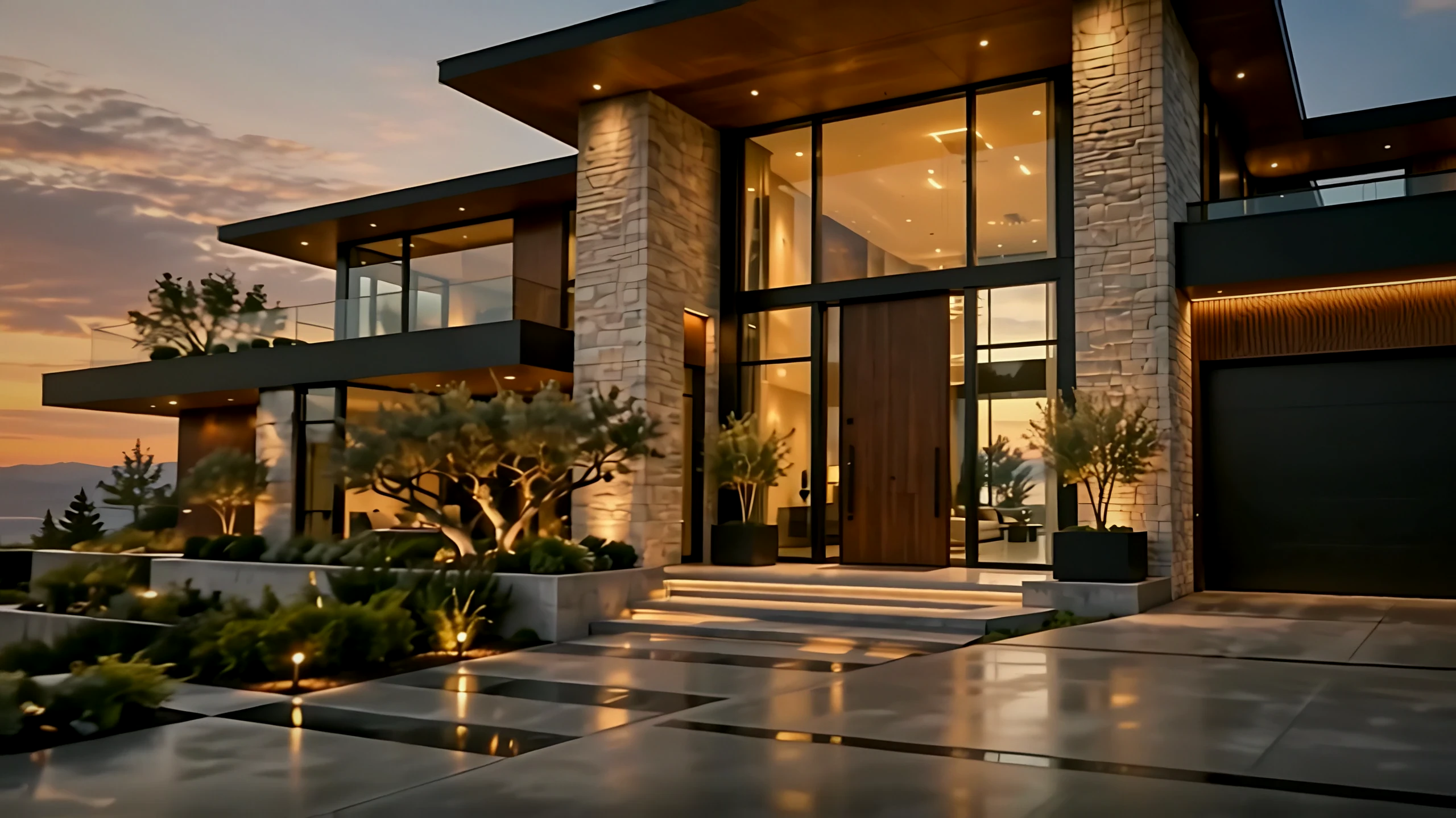 A closer view of the original home's entrance, taken from the arrival film, revealing warm glazing, pale stone, and the threshold.