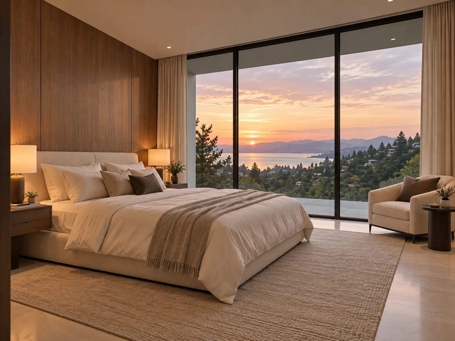 Ivory bedding, walnut walls, and warm lamps in a quiet bedroom with views toward the lake.