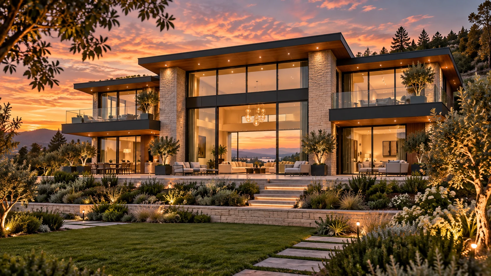 An illustrative garden view toward a contemporary stone and timber residence with warm exterior lighting.