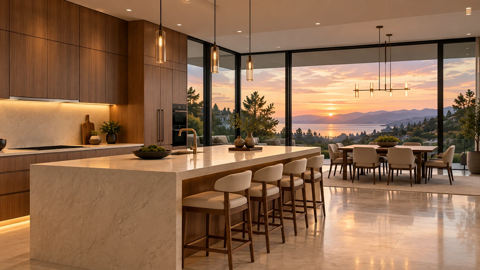Warm timber cabinetry and a pale stone kitchen island look toward a sunset through full-height glazing.