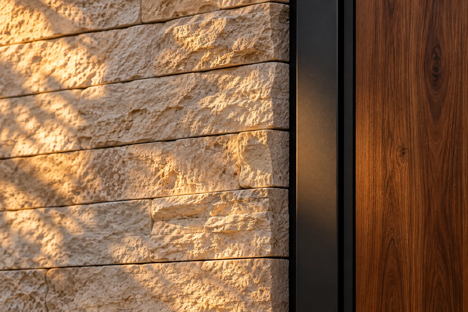 An illustrative close study of pale limestone, walnut grain, and a dark metal junction.