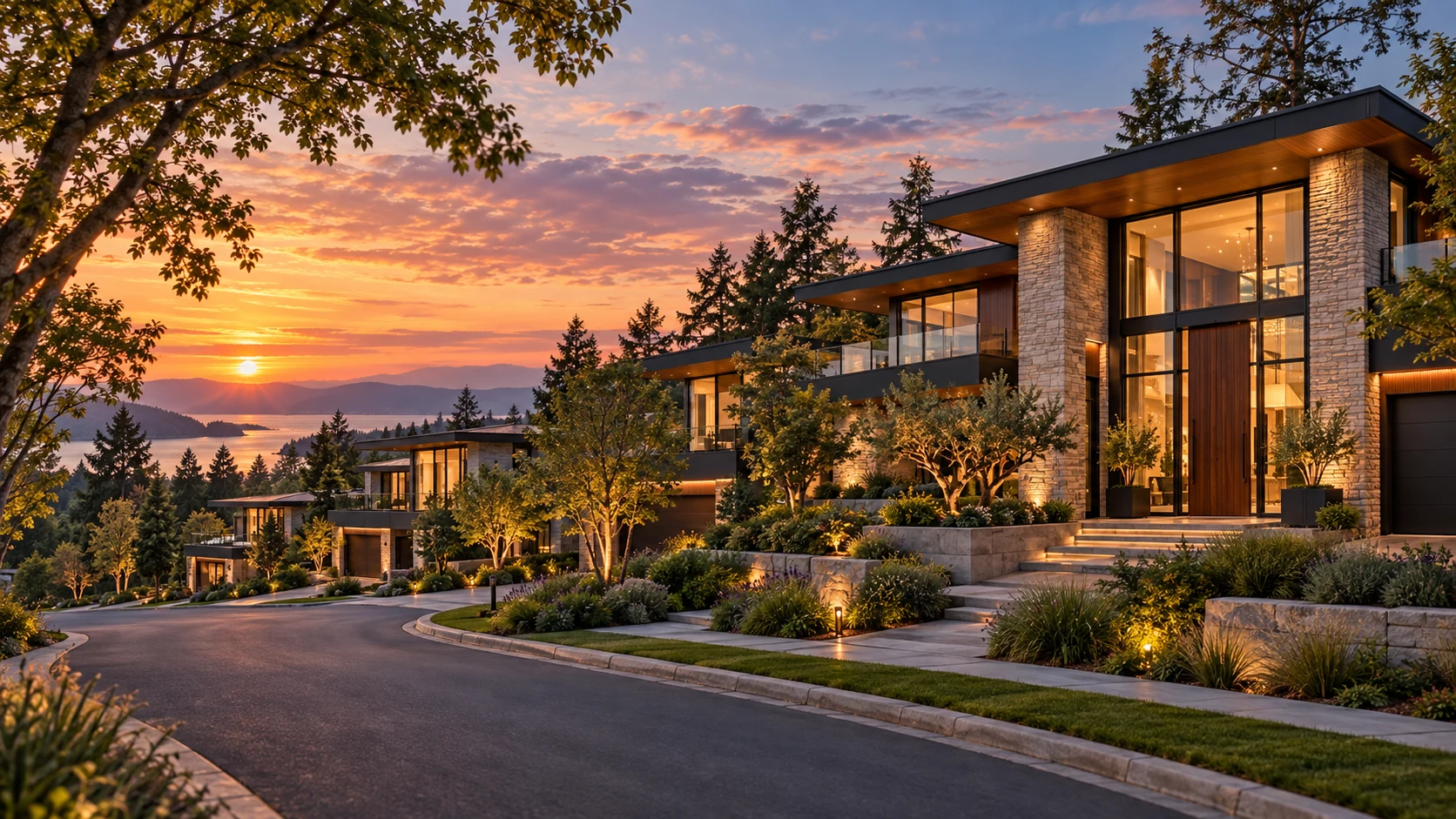 Illustrative landscaped hillside street with contemporary stone and timber homes under a warm sunset.