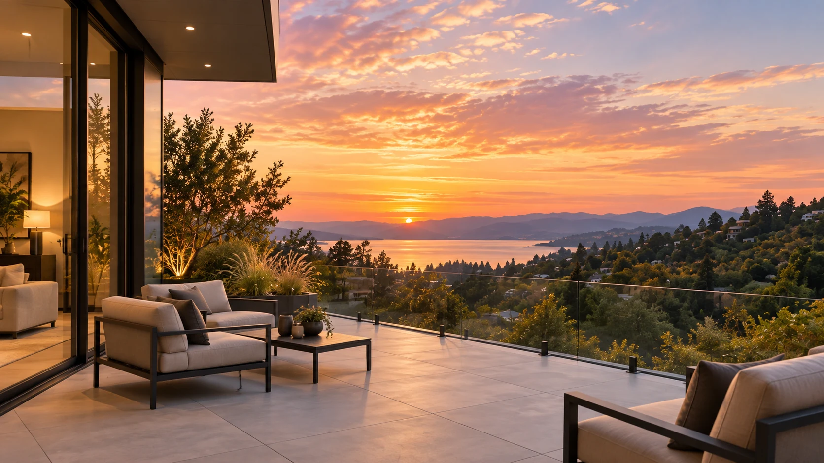 Pale stone terrace and restrained outdoor seating open onto wooded hills and distant water at sunset.